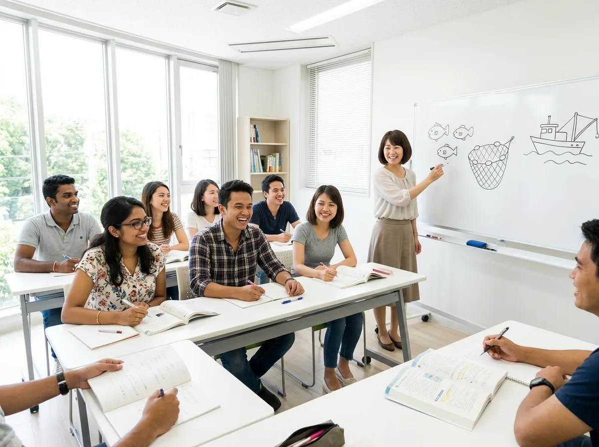 来日前教育：日本語学校で漁業の専門用語を学ぶ様子の写真